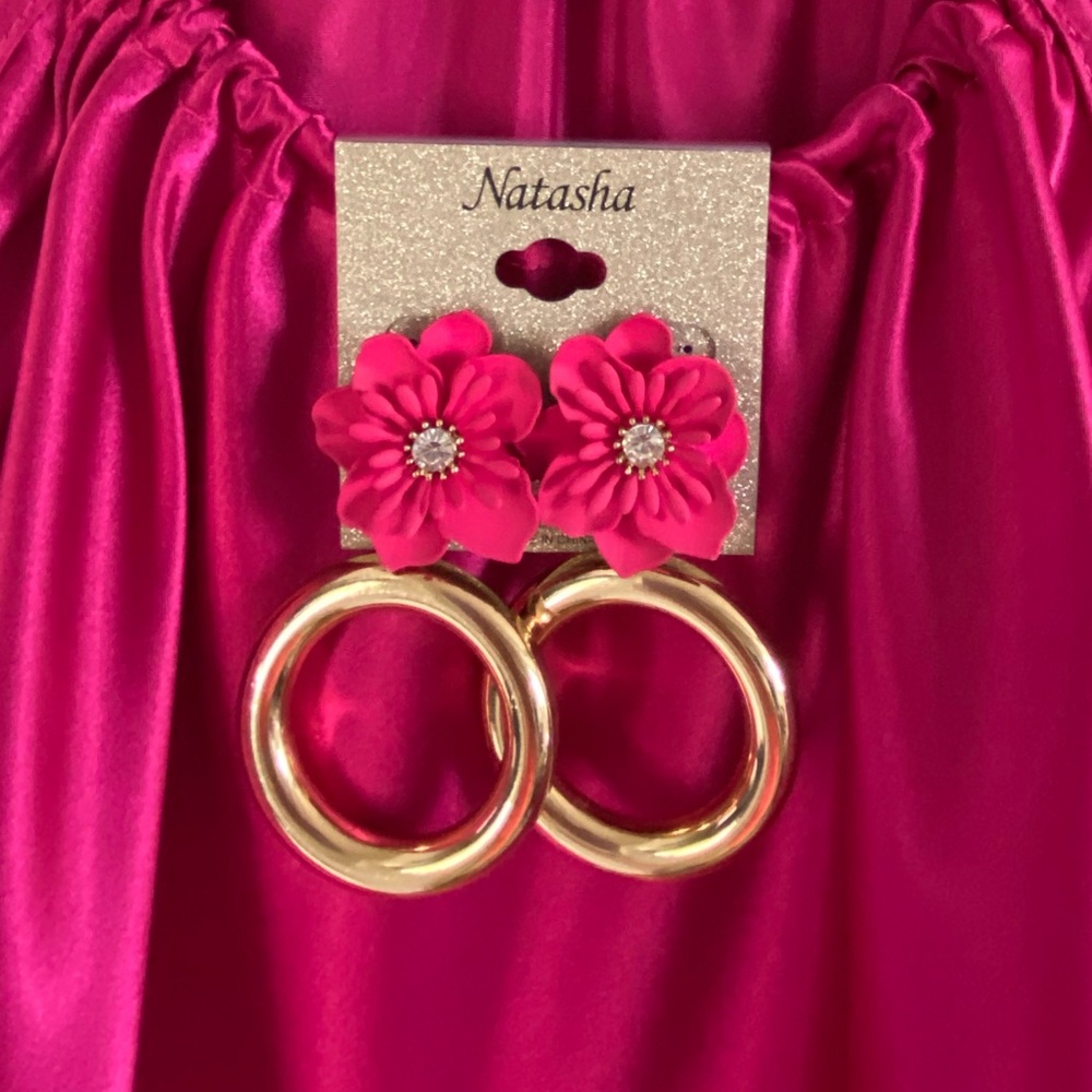 Hot PINK floral drop earrings by Natasha - Picture 3 of 6